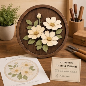 2-laags bloemenintarsia-patroon, ronde houten sjabloon met wilde bloemen, patroon voor figuurzaag, PNG PDF, instructies inbegrepen, digitale download