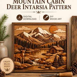 May include: A wooden intarsia wall art piece featuring a mountain cabin, a deer, and a lake landscape. The text reads: DIGITAL IDENTITIES MOUNTAIN CABIN DEER INTARSIA PATTERN, DIGITAL DOWNLOAD, DIY WOOD ART, CREATE. RELAX. ENJOY., INSTANT DOWNLOAD • PRINT & CREATE • BEAUTIFUL RESULTS.