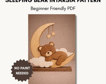 Sleeping Bear Wooden Intarsia Pattern PDF | Beginner Friendly Nursery Wood Art | Scroll Saw design