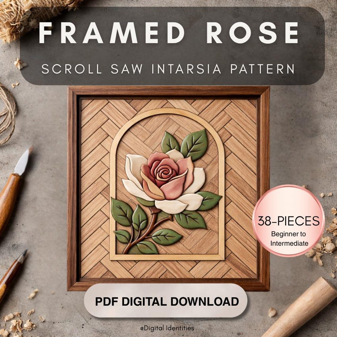 Framed Rose Intarsia Pattern | Arch Scroll Saw Wood Art Template ...