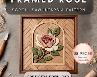Framed Rose Intarsia Pattern | Arch Scroll Saw Wood Art Template (Digital Download)