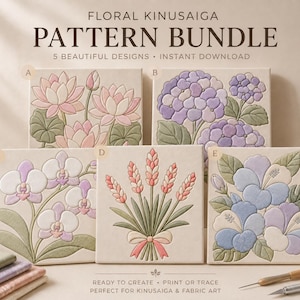 Puede incluir: Un paquete de patrones digitales para arte en tela Kinusaiga con cinco diseños florales etiquetados de la A a la E. Las imágenes muestran motivos de loto, hortensia, orquídea, trigo e hibisco en tonos pastel, con el texto Floral Kinusaiga Pattern Bundle.