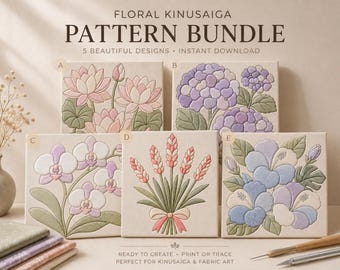 Floral Kinusaiga Pattern Bundle, 5 Floral Fabric Art Templates (Digital Download)