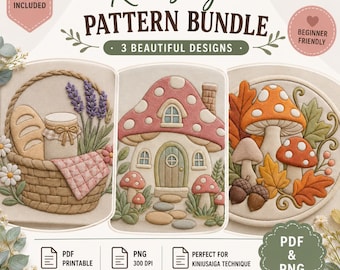 Kinusaiga Pattern Bundle: 3 No-Sew Fabric Art Designs, Mushroom House, Autumn Mushrooms & Country Basket, PDF + PNG