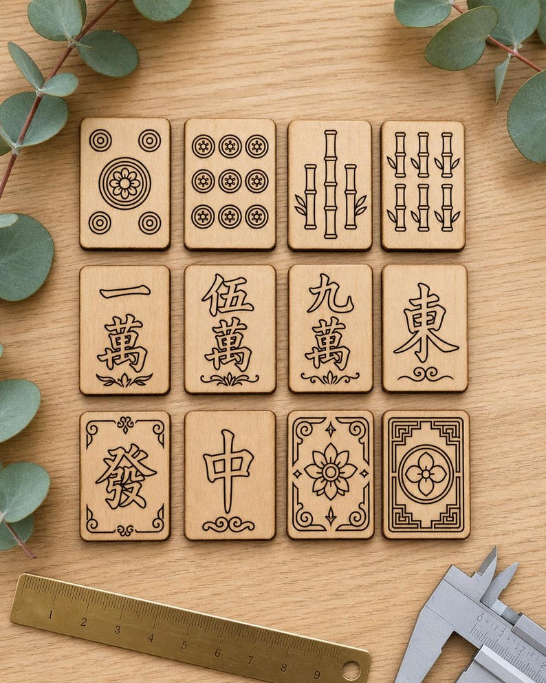 May include: A set of twelve wooden Mahjong tiles with black etched designs. The tiles feature various symbols, including flowers, bamboo stalks, and Chinese characters. A brass ruler and a silver caliper are in the foreground.