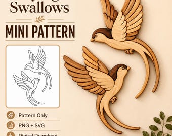 Flying Swallows Mini Intarsia Pattern, Scroll Saw Bird Pattern PNG SVG, Wooden Wall Art Template, Digital Download, Pattern Only