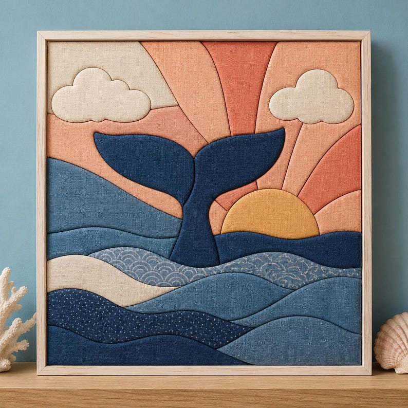 May include: A square framed fabric wall art piece featuring a layered textile design of a dark blue whale tail rising from ocean waves. The background displays a sunrise with peach and orange rays, two cream-colored clouds, and textured blue water.