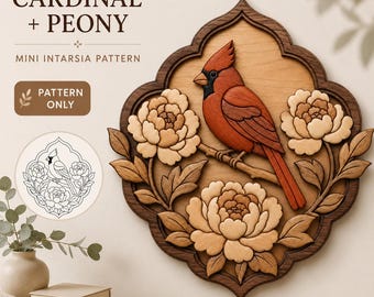 Cardinal Intarsia Pattern SVG PNG, Peony Flower Scroll Saw Template, Mini Wood Pattern, Cardinal Bird Woodworking Design, Pattern Only
