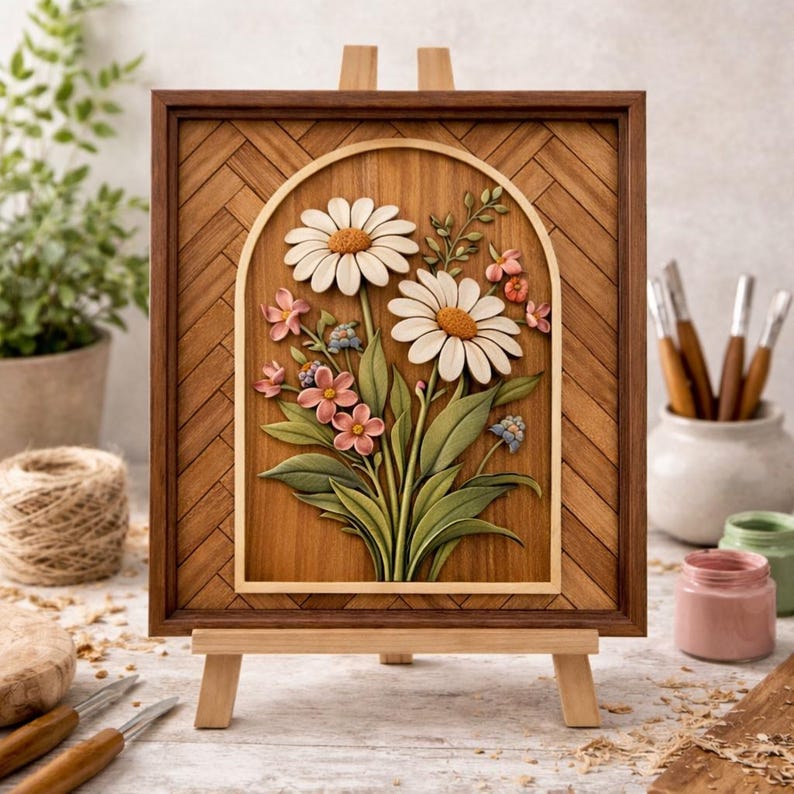 May include: Wooden framed artwork featuring a carved floral design. The artwork showcases two large daisies with white petals and orange centers, surrounded by pink and blue flowers and green leaves. The frame is a dark brown with a herringbone pattern.