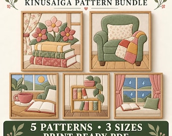 Kinusaiga Pattern Bundle, Cozy Reading Corner, 5 Bookish No-Sew Fabric Art Patterns, 3 Sizes, Printable PDF