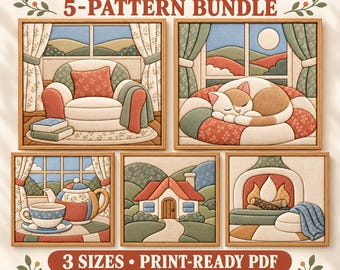 5 Cozy Kinusaiga Patterns PDF Bundle | Cat, Cottage, Tea & Fireplace Fabric Art Templates