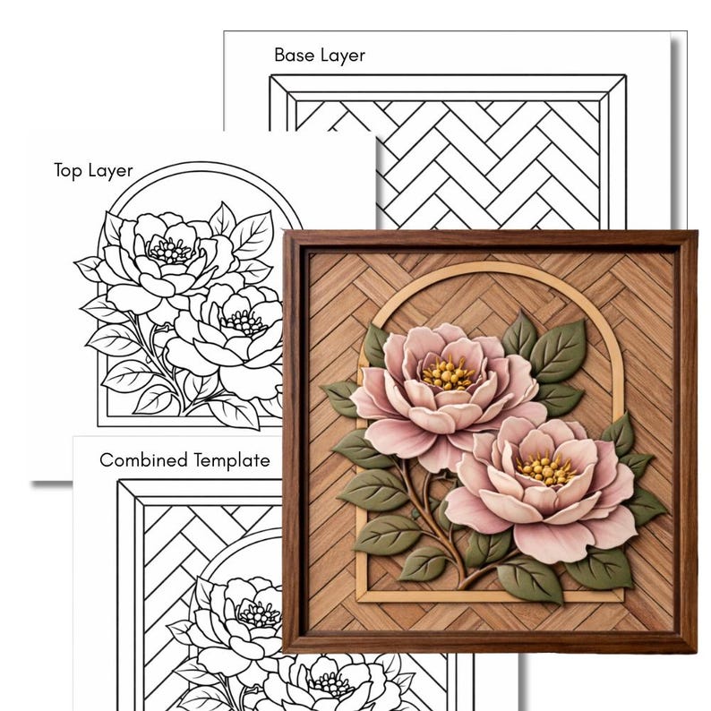 Peut inclure: Une &oelig;uvre d'art murale en bois repr&eacute;sentant deux pivoines roses avec des feuilles vertes, encadr&eacute;e dans un cadre marron. Le fond pr&eacute;sente un motif tiss&eacute;. Trois mod&egrave;les en noir et blanc sont inclus, intitul&eacute;s "Base Layer", "Top Layer" et "Combined Template".