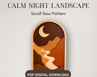 Calm Night Landscape Scroll Saw Pattern | Boho Arch Moon Mountain Design (PDF Download)