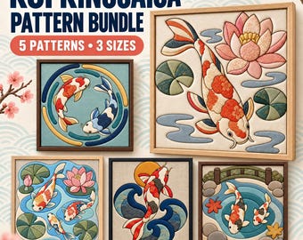 Koi Fish Kinusaiga Pattern Bundle, 5 Japanese Fabric Art Templates, No-Sew Fabric Mosaic PDF, 3 Sizes, Instant Download