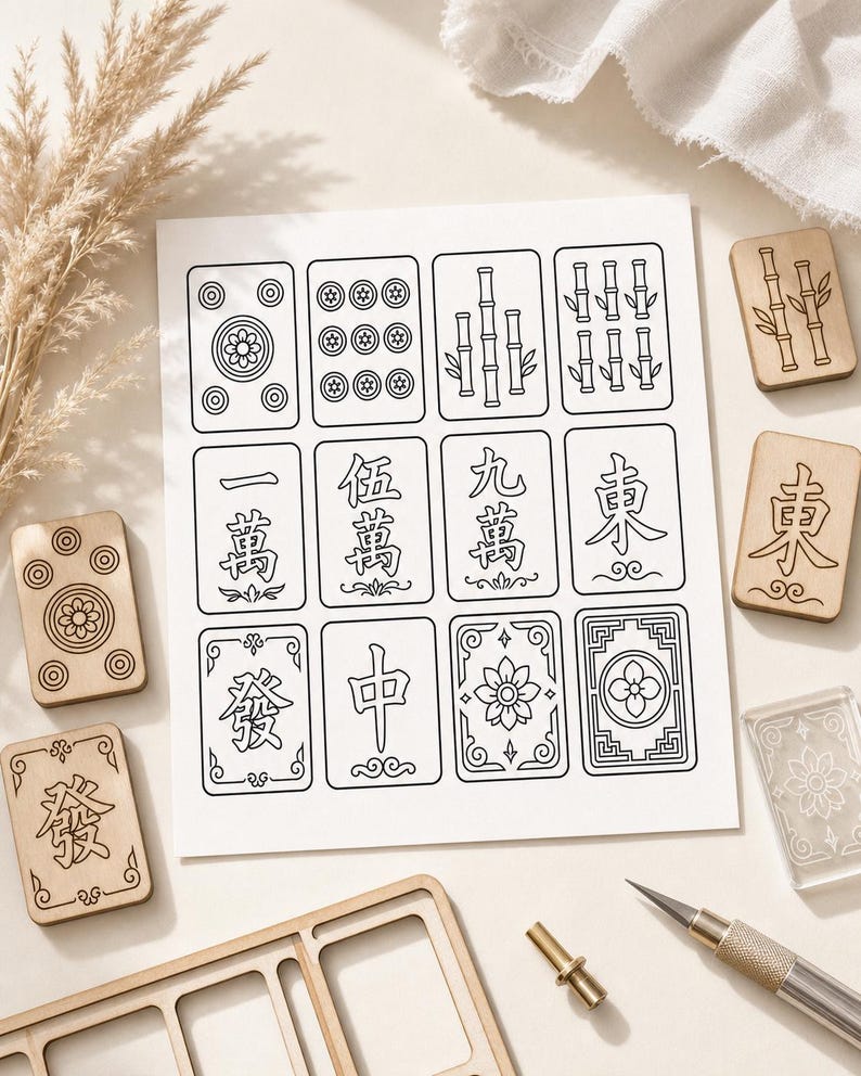 May include: A collection of Mahjong tiles and accessories. The image features a sheet of paper with black and white illustrations of Mahjong tiles, alongside wooden and clear acrylic tiles. A craft knife and other tools are also visible.