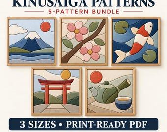 Japanese Kinusaiga Patterns Bundle, 5 Fabric Art Templates, Mount Fuji Koi Sakura Torii Tea, 3 Sizes PDF PNG, DIY Craft Patterns