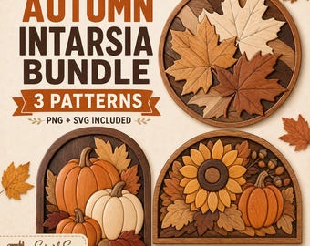 Fall Intarsia Pattern Bundle, 3 Scroll Saw Patterns, Pumpkin Sunflower Maple Leaves, Autumn Woodworking SVG PNG