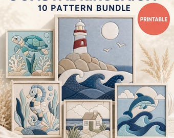 Coastal Kinusaiga Pattern Bundle, 10 Printable No-Sew Fabric Art Templates, 3 Sizes, PDF PNG