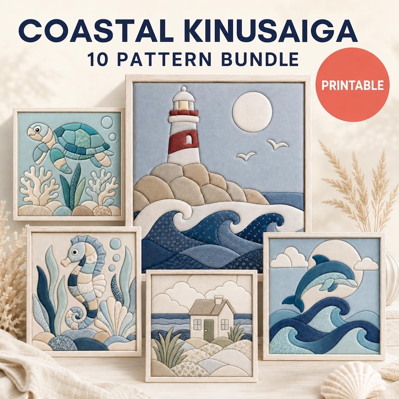 May include: A digital bundle of 10 printable coastal Kinusaiga patterns featuring fabric-textured art of a sea turtle, lighthouse, seahorse, beach house, and dolphin in shades of blue, white, and tan, with the text COASTAL KINUSAIGA 10 PATTERN BUNDLE.