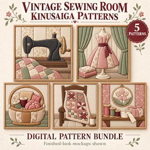 May include: A digital pattern bundle titled Vintage Sewing Room Kinusaiga Patterns featuring five square images of sewing-themed crafts. The designs include a sewing machine, a dress form, a basket of supplies, a quilt on a chair, and spools on a shelf.