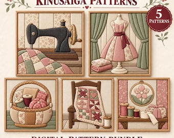 Vintage Sewing Room Kinusaiga Patterns Bundle, 5 Fabric Art Templates, Sewing Machine Quilt Dress Form, Printable PDF PNG