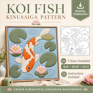 Koifisk Kinusaiga-mönster, lotusdamm japansk tygkonstmall, utskrivbart gör-det-själv-mönster, 3 storlekar, instruktioner ingår