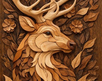 Floral Deer Head Wooden Intarsia Pattern | Advanced Intarsia | Unlabeled Artistic Design | Digital Download