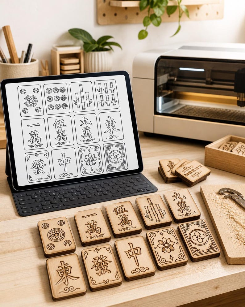 May include: A wooden Mahjong tile set with engraved symbols and characters. A tablet displays a digital version of the tiles. The tiles are arranged on a light-colored wooden surface. A laser cutter is in the background.