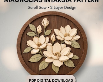 Magnolia Intarsia Pattern | 2 Layer Scroll Saw Wood Art (Digital Download)