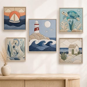 May include: A set of five square wall art pieces featuring nautical and marine themes. The images depict a sailboat at sunset, a lighthouse on a rocky shore, a sea turtle swimming, a seahorse among seaweed, and a coastal house by the ocean.