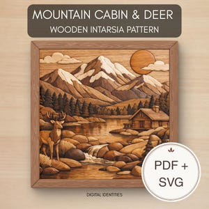 Houten intarsia-patroon berghut en hert | Gemiddeld tot gevorderd natuurlandschap | Digitale download