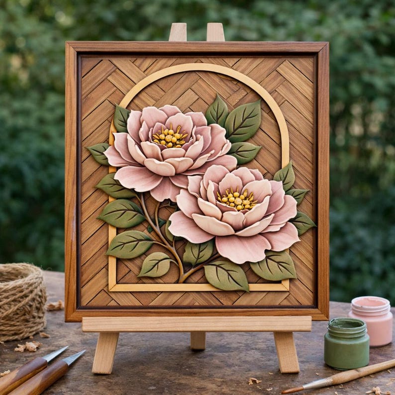 Peut inclure: Une &oelig;uvre d'art encadr&eacute;e en bois repr&eacute;sentant deux fleurs de pivoine roses avec des feuilles vertes. Les fleurs sont plac&eacute;es sur un fond en bois tiss&eacute; dans une arche dor&eacute;e. L'&oelig;uvre est expos&eacute;e sur un petit chevalet en bois.
