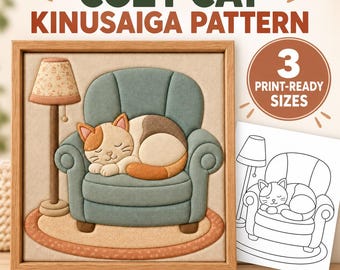 Cozy Cat Kinusaiga Pattern PDF, Sleeping Cat Armchair Fabric Tucking Template, No Sew Textile Art, 3 Printable Sizes
