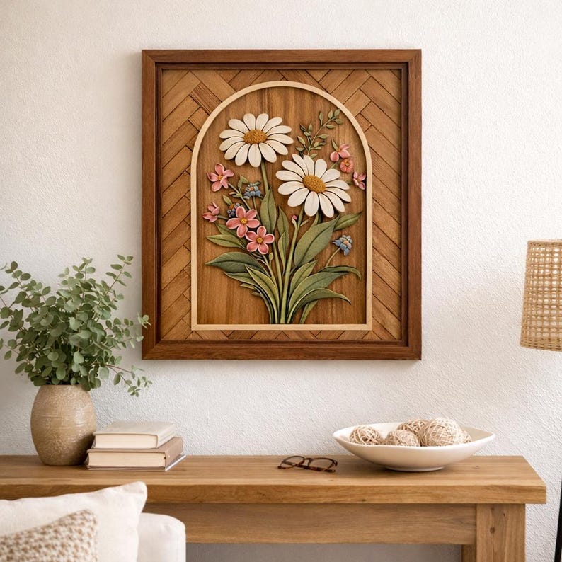 May include: A wooden framed wall art piece featuring a floral design. The artwork showcases a bouquet of daisies and other flowers in shades of white, pink, and blue, set against a wooden background. The frame is a dark brown color.