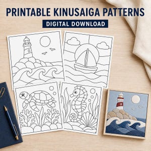 May include: Four square printable Kinusaiga patterns featuring black and white line art of a lighthouse, a sailboat, a sea turtle, and a seahorse. One finished lighthouse project is shown in color. Text reads PRINTABLE KINUSAIGA PATTERNS DIGITAL DOWNLOAD.