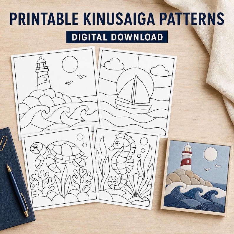 May include: Four square printable Kinusaiga patterns featuring black and white line art of a lighthouse, a sailboat, a sea turtle, and a seahorse. One finished lighthouse project is shown in color. Text reads PRINTABLE KINUSAIGA PATTERNS DIGITAL DOWNLOAD.