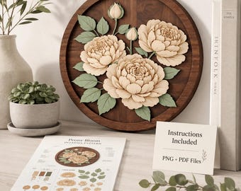 Peony Intarsia Pattern, 2-Layer Floral Wood Art Template, Round Scroll Saw Pattern, PNG PDF Instructions, Digital Download
