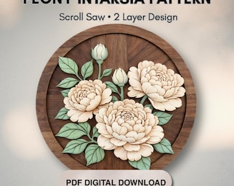 Peony Intarsia Scroll Saw Pattern | 2 Layer Floral Wood Project (PDF Download)