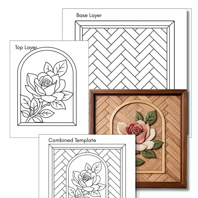 Framed Rose Intarsia Pattern | Arch Scroll Saw Wood Art Template ...