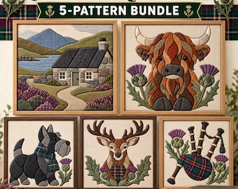 Scottish Kinusaiga Pattern Bundle: 5 No-Sew Fabric Art Templates with Highland Cow & Stag