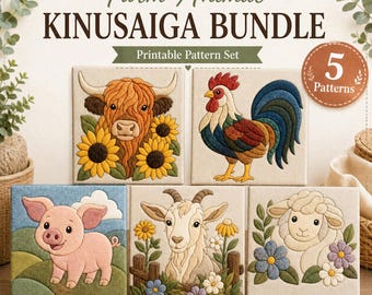 Farm Animal Kinusaiga Patterns Bundle, Highland Cow, Rooster, Pig, Goat, Sheep (Printable PDF)