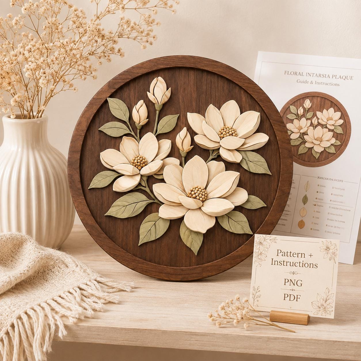 Magnolia Intarsia Pattern, 2-layer Floral Wood Art Template