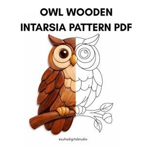 May include: A wooden owl intarsia pattern PDF. The owl is depicted in two halves: one side is a detailed, carved wood design in shades of brown, and the other is a line drawing. The owl is perched on a branch with leaves and acorns.