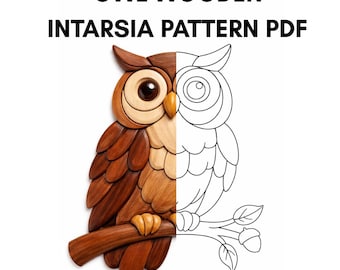 May include: A wooden owl intarsia pattern PDF. The owl is depicted in two halves: one side is a detailed, carved wood design in shades of brown, and the other is a line drawing. The owl is perched on a branch with leaves and acorns.