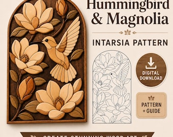 Hummingbird Magnolia Intarsia Pattern, Scroll Saw Woodworking PDF, Floral Bird Wood Art Pattern, DIY Intarsia Template, Digital Download