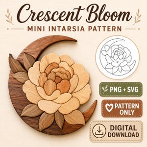 May include: Wooden intarsia pattern titled "Crescent Bloom" featuring a flower and crescent moon design. The flower is made of light and medium-toned wood pieces. Includes a line drawing, and digital download options.