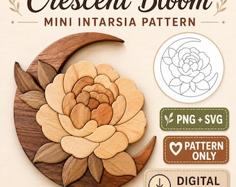 Crescent Bloom Intarsia Pattern, Mini Floral Moon Scroll Saw Template, PNG SVG Wood Art Pattern, Digital Download