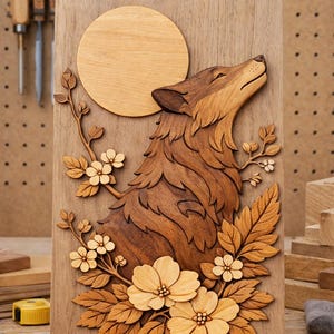 Peut inclure: Sculpture en bois représentant un loup hurlant à la lune. L'œuvre présente des éléments floraux détaillés, notamment des fleurs et des feuilles, tous sculptés dans le bois. L'ensemble est présenté sur un fond en bois.