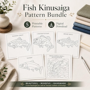 May include: A digital download bundle of five printable Fish Kinusaiga patterns featuring line art illustrations of a rainbow trout, largemouth bass, brook trout, salmon, and a trout jumping from a mountain river, with text labels for each fish.