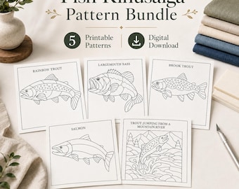 Fish Kinusaiga Pattern Bundle, Trout Bass Salmon No Sew Fabric Art, Printable Patterns, 5 Designs, 3 Sizes 8x8 10x10 12x12